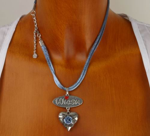 8859 silbernes Herz Wiesn-Halskette am hellblauen Seidenband